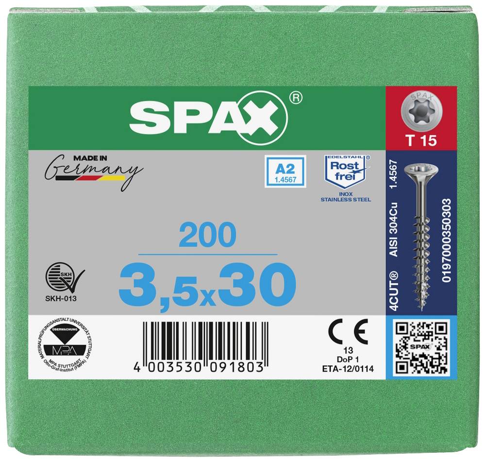 Emballage vert Spax, contient 200 vis de taille 3,5x30 mm, en acier inoxydable A2, avec entraînement T15 et pointe 4CUT.