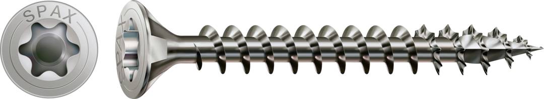 Une vis en argent avec entraînement Torx. À gauche la tête de vis avec la gravure 'SPAX', à droite le filetage avec une pointe pointue.