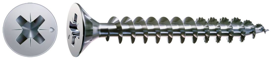 Une vis à bois en métal à tête fraisée et empreinte cruciforme. La spire de filetage court le long de la tige, adaptée aux montages en bois.