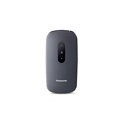 Téléphone portable Panasonic gris vu de dos, avec un appareil photo et un flash dans une orientation verticale.