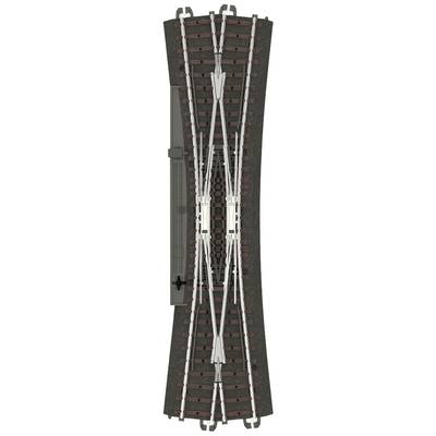 Rail en fer doux à l'échelle de modélisme avec un aiguillage de croisement et représentation détaillée des traverses et des rails.