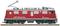 Modèle rouge d'une locomotive de train des Chemins de fer rhétiques avec un pantographe, représentée de côté, sur une voie ferrée portant l'inscription 'Bernina'.