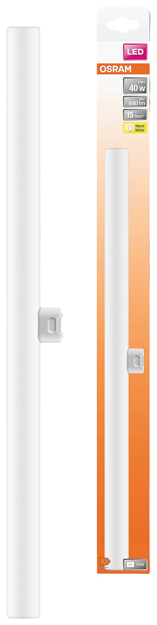 Lampe LED dans une forme blanche et élancée à côté de son emballage. L'emballage présente la marque OSRAM et une puissance de 40 watts, avec un éclairage blanc chaud.