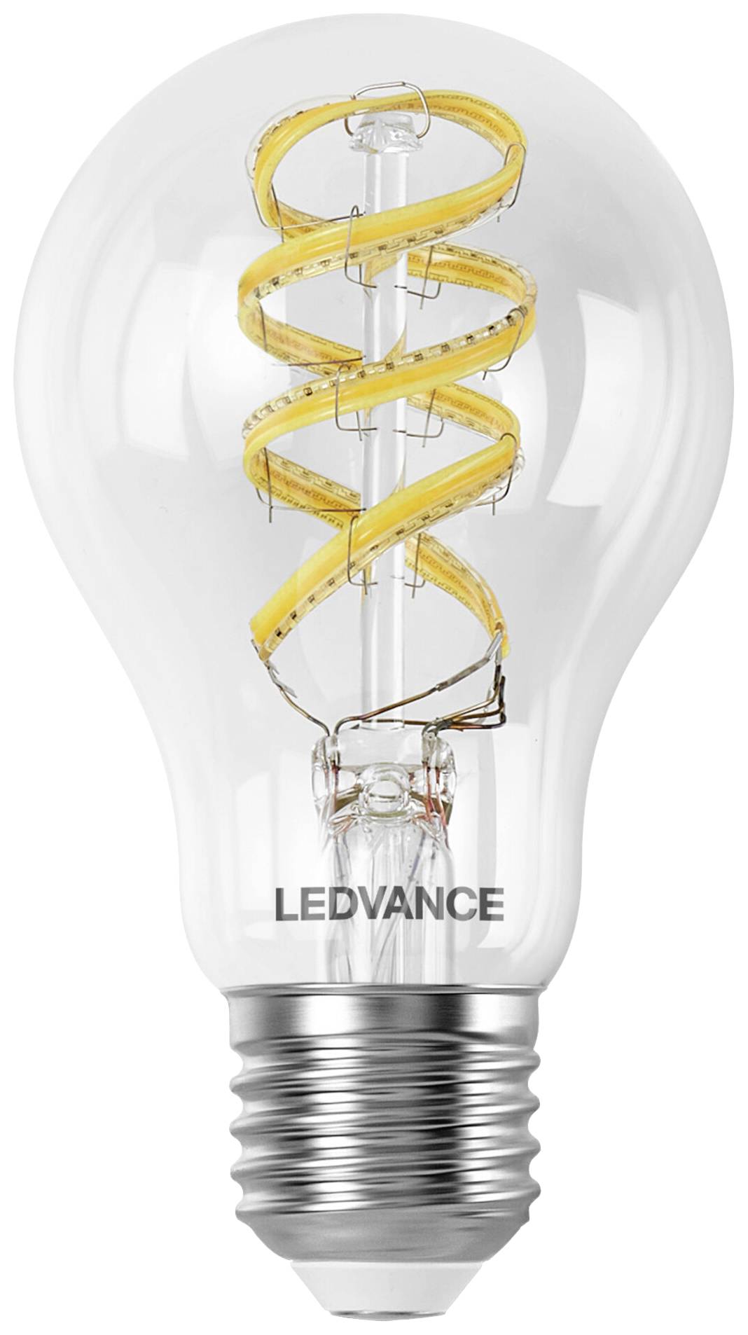Ampoule à filament LED spiralé visible avec une douille argentée. Inscription 'LEDVANCE'.