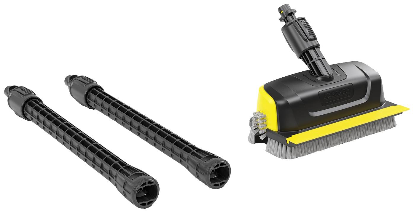 Deux tubes de rallonge noirs et une brosse noir et jaune pour le nettoyage. La brosse possède des poils robustes et est adaptable.