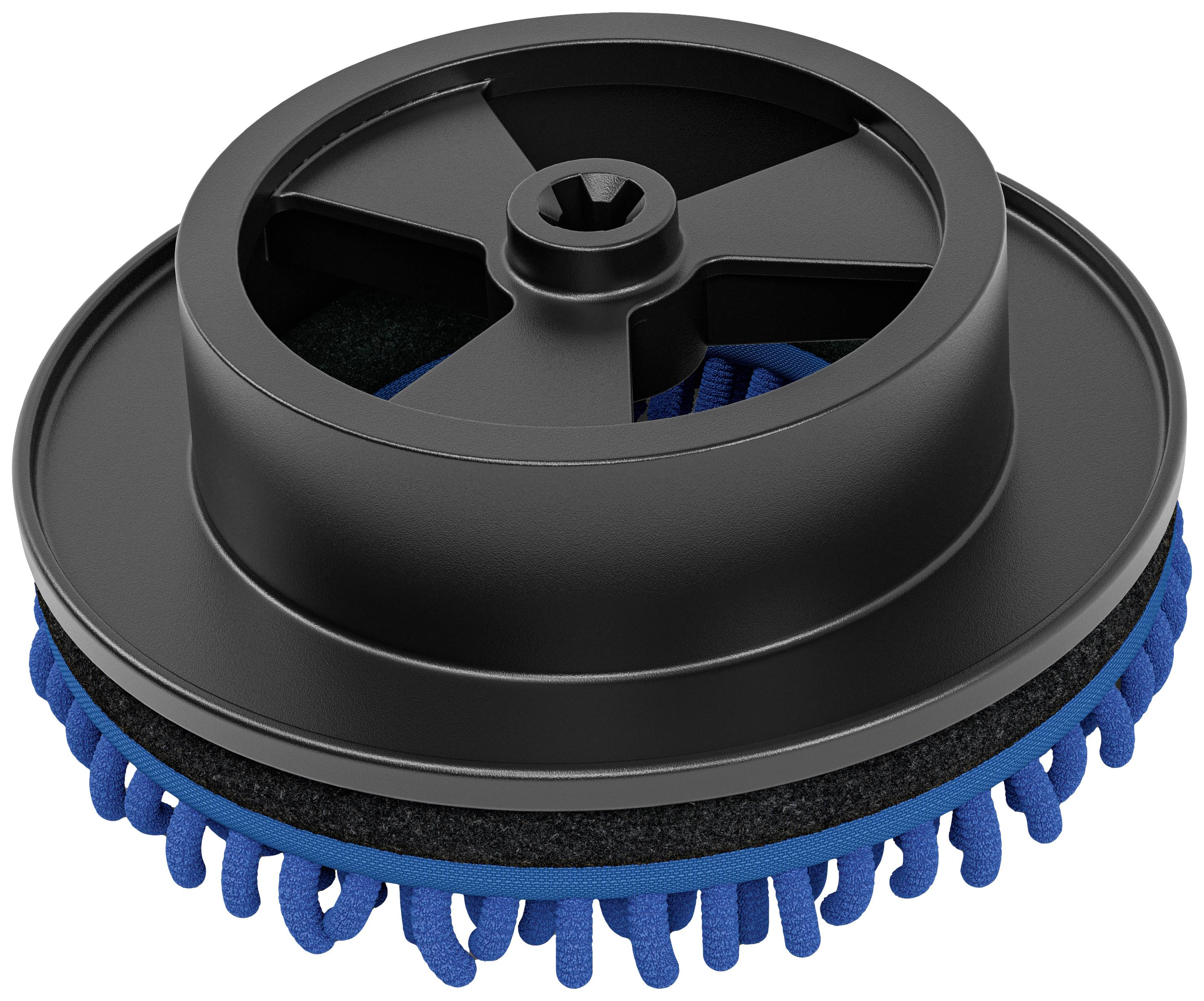 Disque noir avec des fibres bleues en dessous, probablement adapté pour le nettoyage ou le polissage.