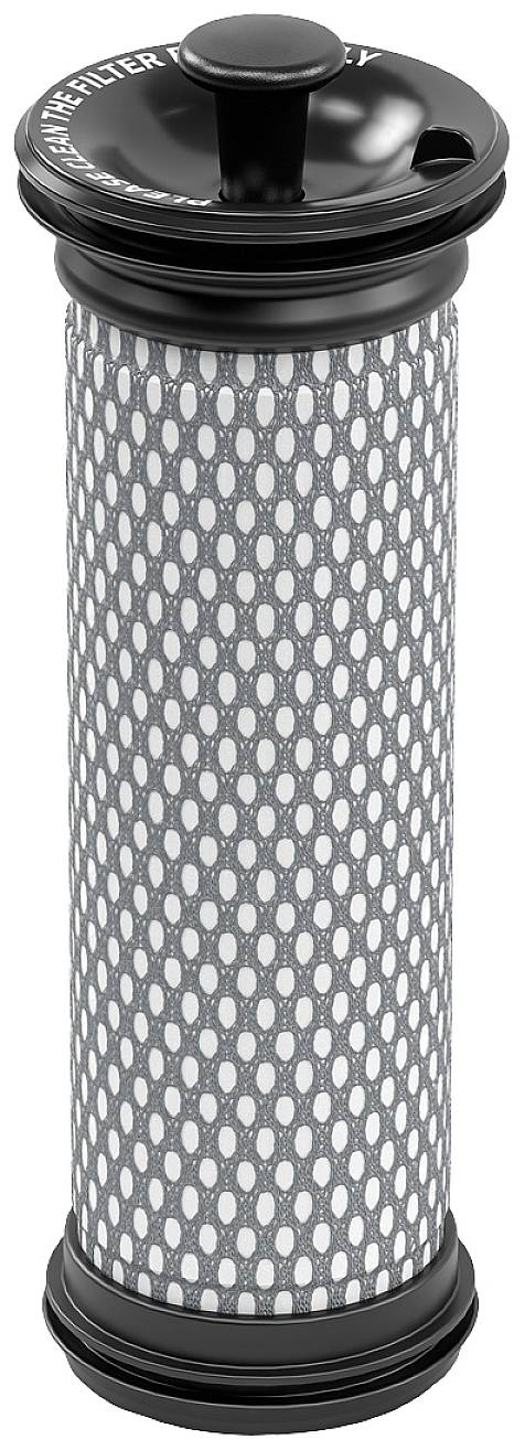 Cartouche de filtre à eau de forme cylindrique avec boîtier noir et réseau à motif sur la surface.