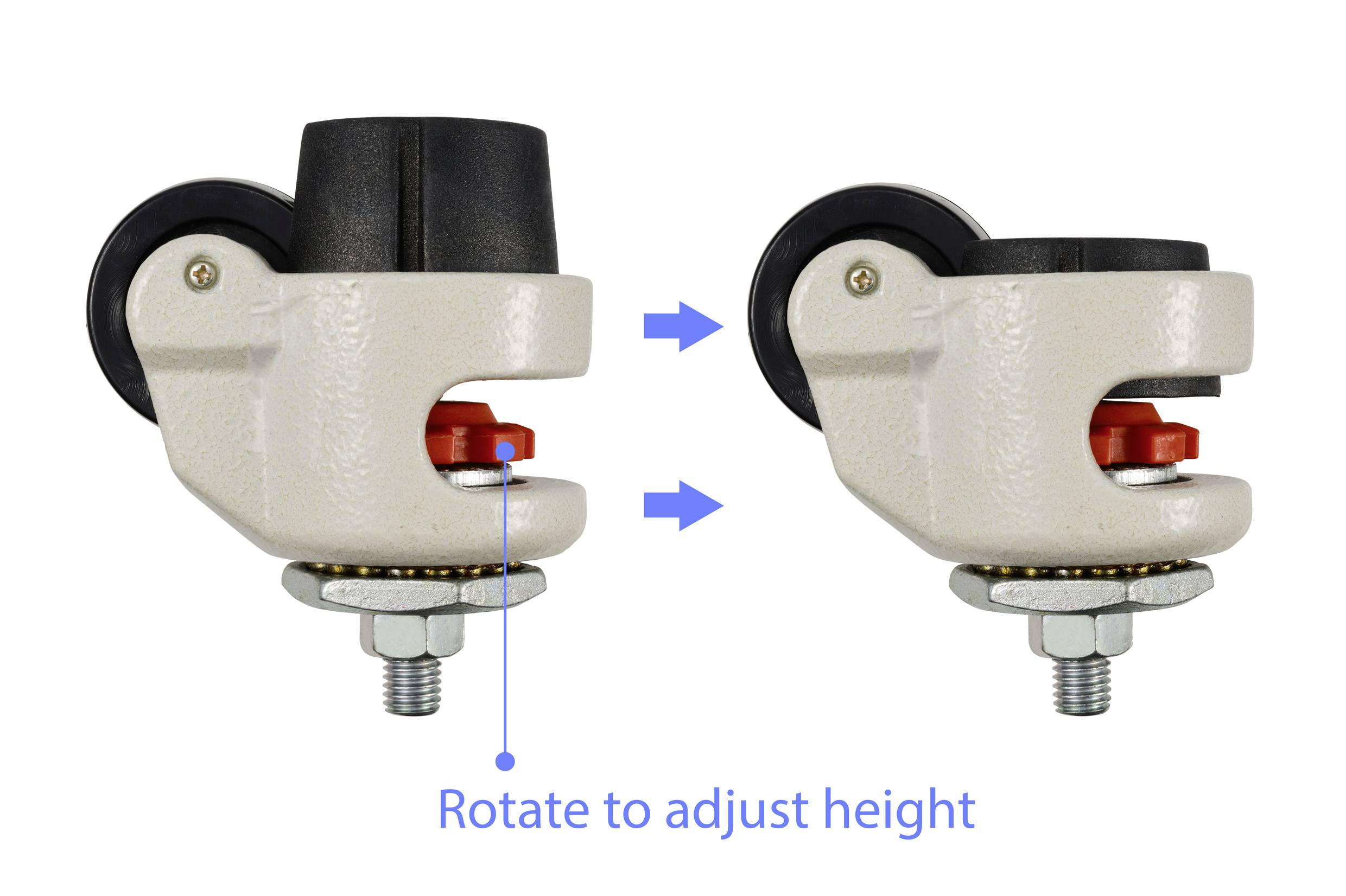 Deux pieds réglables en hauteur avec des repères pour la rotation afin d'ajuster la hauteur, présentés dans deux positions : position haute et position basse.