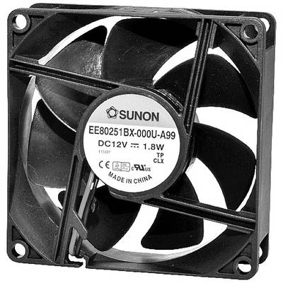 Un ventilateur d'ordinateur noir avec un autocollant rond au centre, affichant des informations techniques telles que le numéro de modèle et la tension.