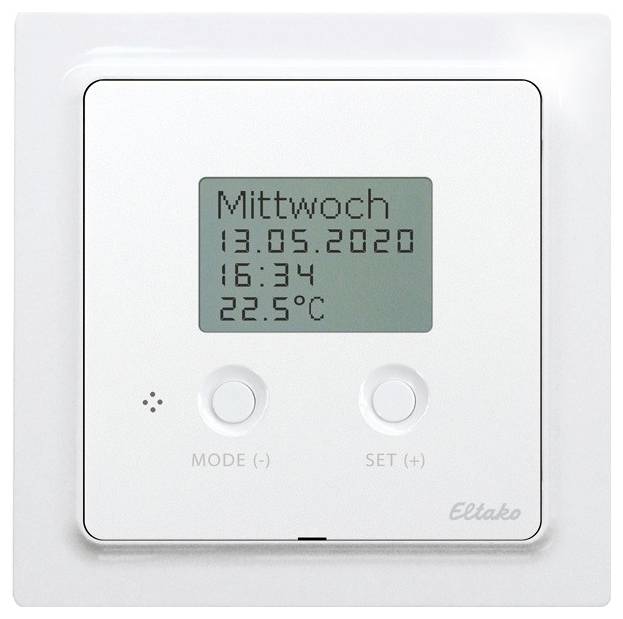 Thermostat mural digital affichant 'Mercredi, 13.05.2020', heure '16:34', température '22,5°C'. Deux boutons de commande : Mode et Réglage.