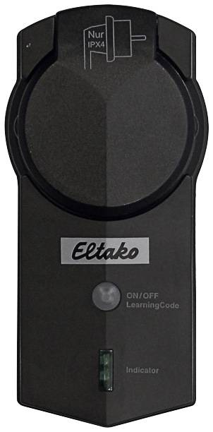 Adaptateur électrique noir avec logo 'Eltako'. Dispose d'un interrupteur marche/arrêt, d'un témoin LED et de la mention 'IPX4 uniquement'.