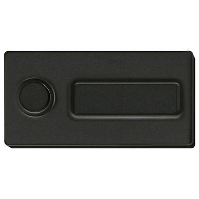 Couvercle en plastique noir avec un bouton rond à gauche et une découpe rectangulaire à droite.