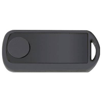 Un porte-clés noir rectangulaire avec un bouton rond à gauche et un trou de fixation sur le côté droit.