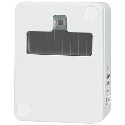 Un appareil rectangulaire blanc avec une fenêtre de capteur rectangulaire noire en haut. Au-dessus de cette fenêtre se trouve un petit capteur.