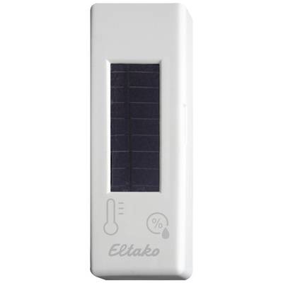 Un dispositif de capteur blanc rectangulaire avec un panneau solaire. Sur la face avant se trouvent des symboles de température et d'humidité.