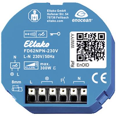 'Eltako FD62NPN-230V actionneur de commutation, bleu. En haut : Eltako GmbH, logo enocean, adresse. En bas : bornes de connexion, symboles et données techniques.'
