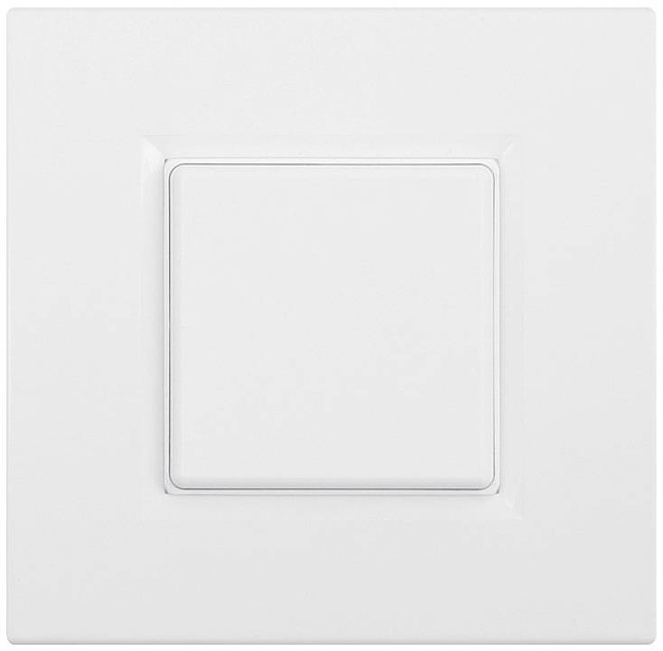 Un interrupteur blanc, carré, au design fonctionnel, installé sur un mur blanc.