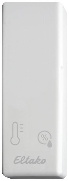 Un capteur blanc de 'Eltako' pour mesurer la température et l'humidité, avec des symboles de thermomètre et de goutte d'humidité.