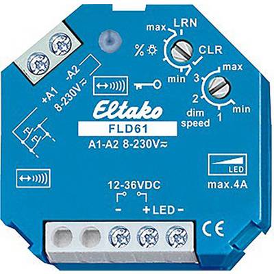 Variateur Eltako FLD61 bleu avec bornes, molettes de réglage et indicateur LED pour tension de service 12-36 V DC.