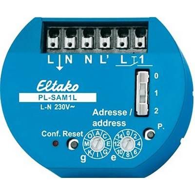 Actionneur de commutation Eltako PL-SAM1L bleu pour rail DIN avec bornes de raccordement en haut. Étiqueté 'Adresse/address' et bouton de configuration.