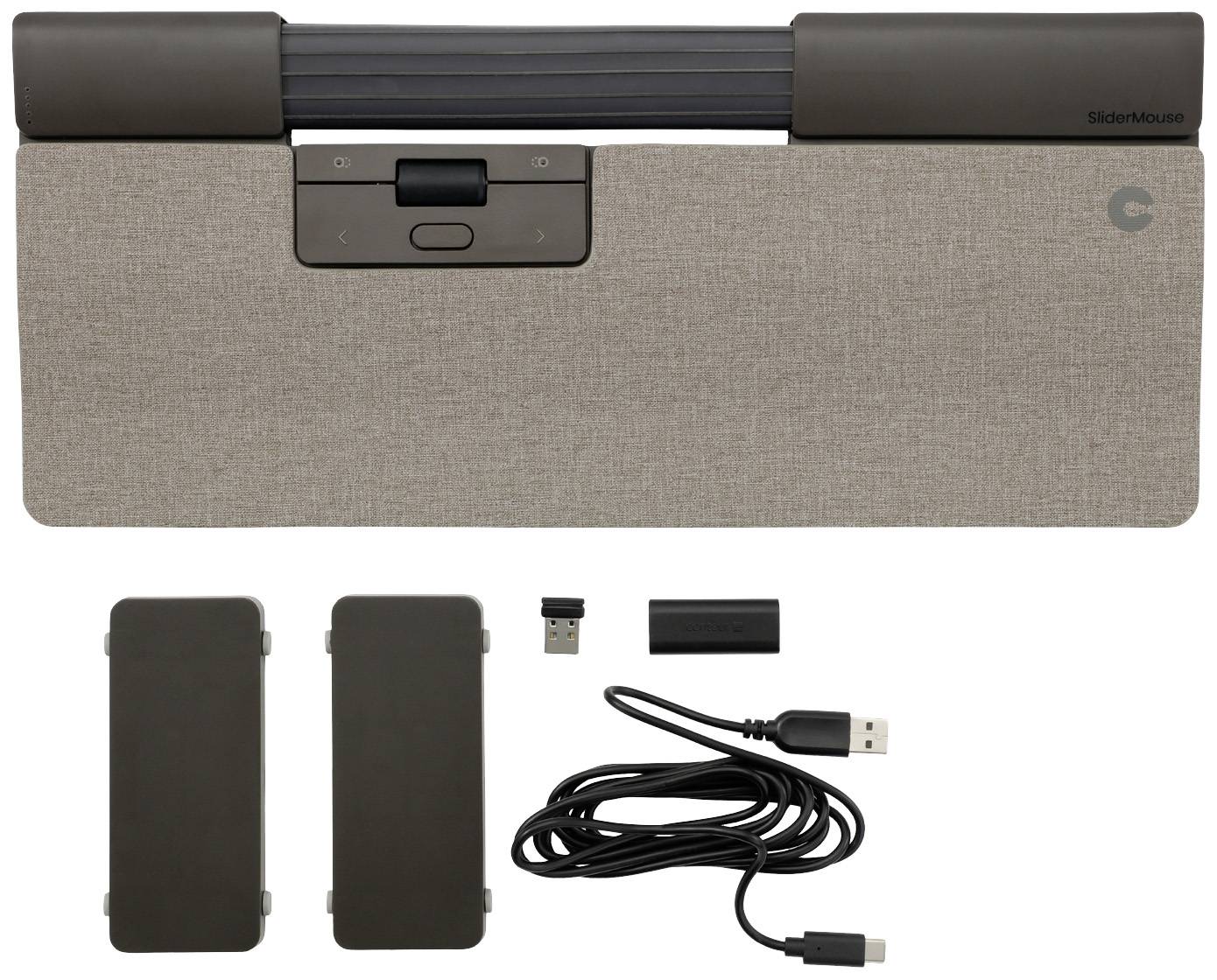 Un ensemble souris comprenant une souris, des coques supérieures interchangeables, un récepteur USB et un câble de charge. La souris présente un design structuré.
