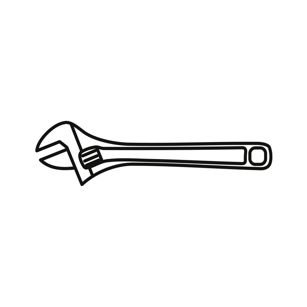 Un contour simple et stylisé d'une clé à molette réglable sur fond blanc.