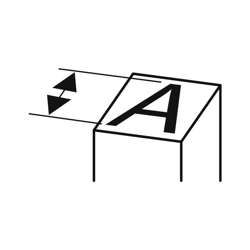 Lettre « A » sur un bloc 3D, avec des flèches indiquant la largeur de la lettre.