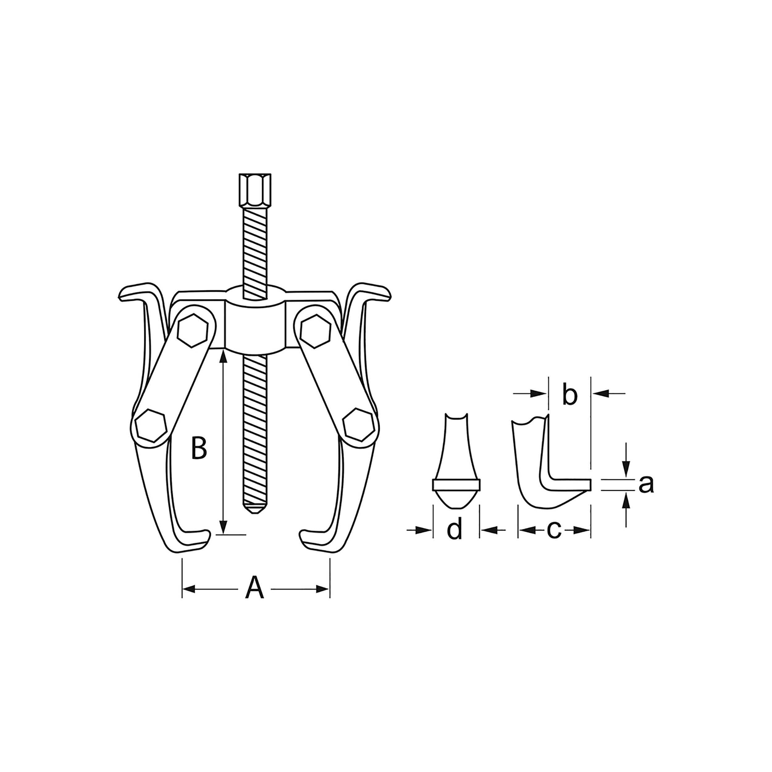 Dessin technique d'un extracteur à trois pattes avec cotes dimensionnelles A, B, a, b, c, d. Adapté pour l'extraction de roues dentées et de roulements.