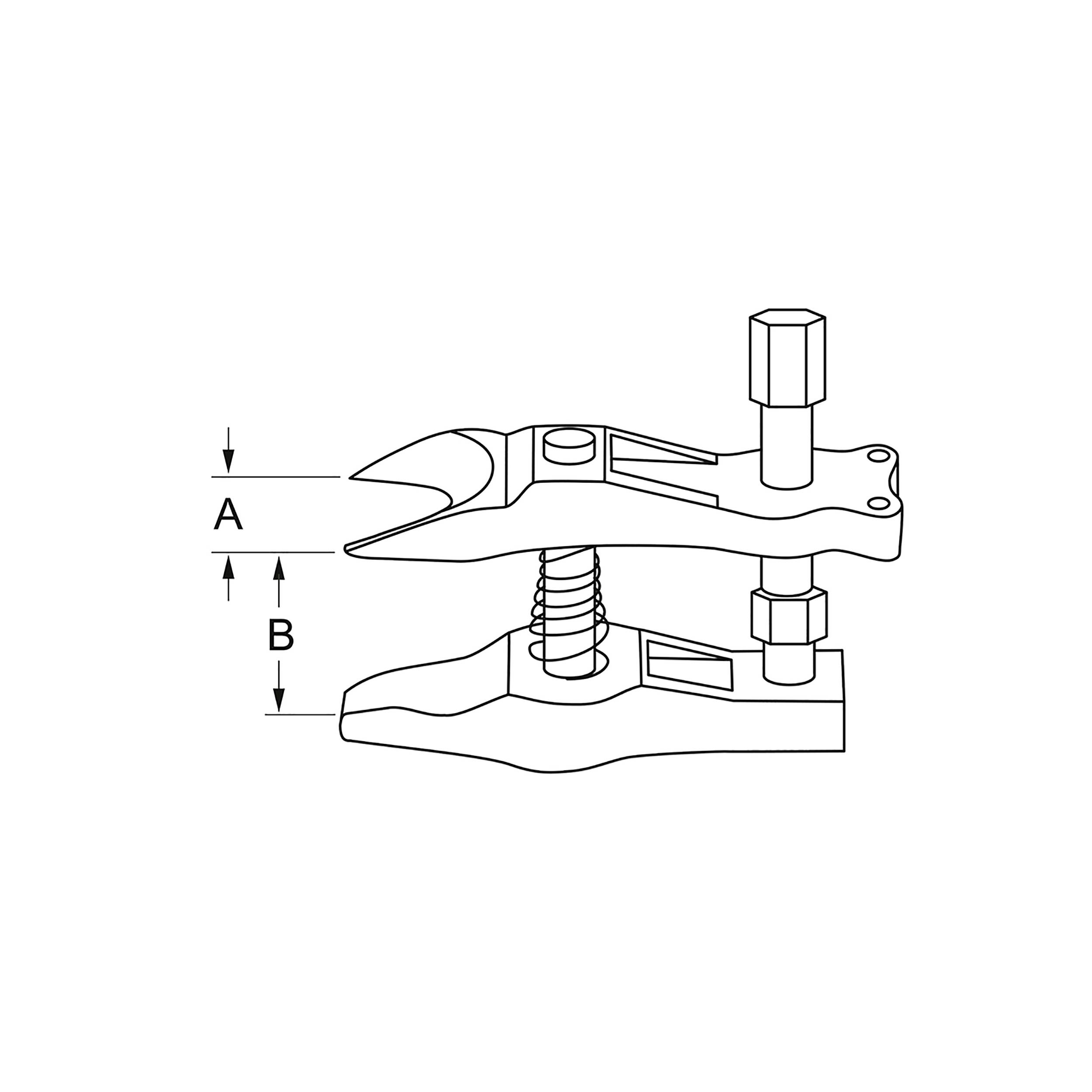 Un diagramme d'un outil de coupe avec une vis réglable. Les marquages indiquent deux distances 'A' et 'B' mesurées sur la tête de coupe.