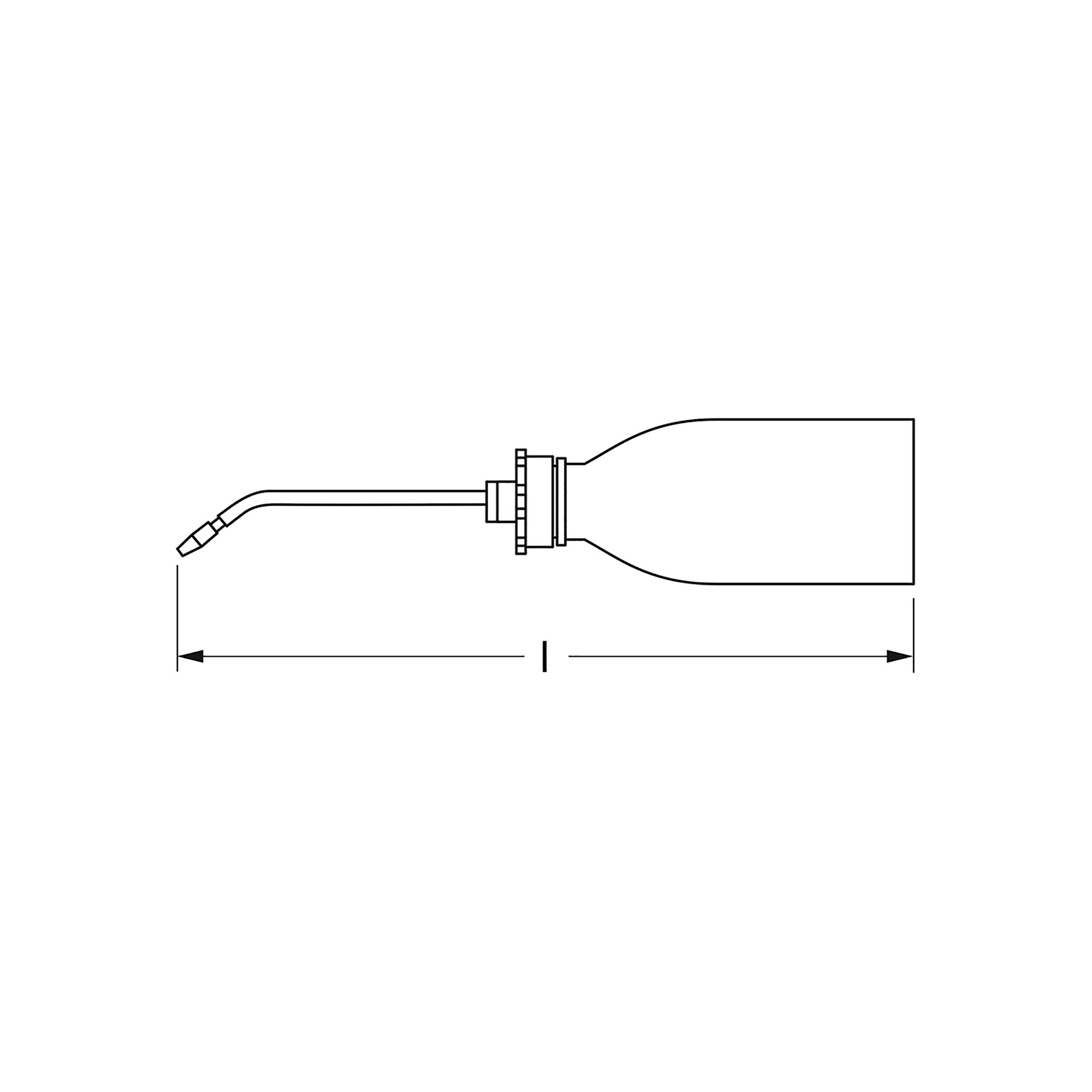 Un dessin technique montre un bidon d'huile avec un bec long et courbé. Des flèches indiquent la longueur totale du bidon.