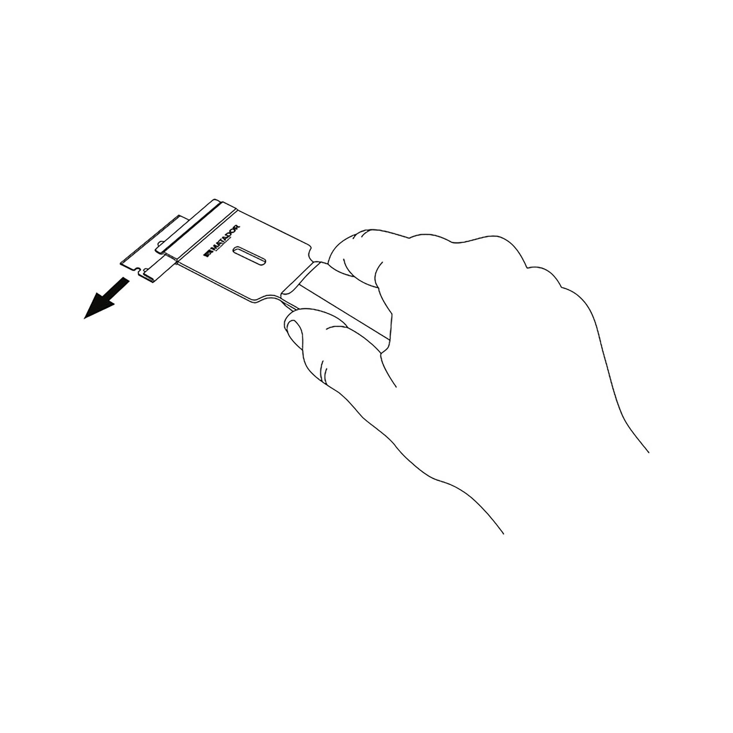 Une main tient un grattoir avec une lame. Une flèche indique la direction pour insérer ou retirer la lame.