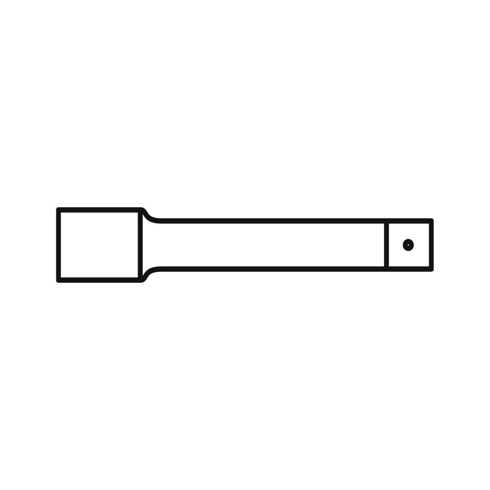 Un dessin simple d'une lampe de poche, représentée comme un objet allongé avec une tête carrée et un bouton à l'extrémité de la poignée.
