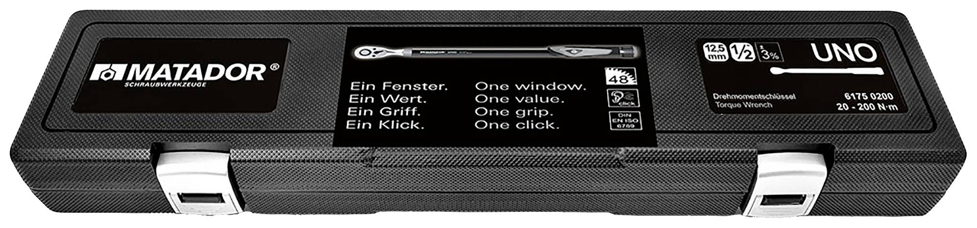 'Coffret de clés dynamométriques Matador dans un étui noir, montrant l'image du produit et ses détails techniques. Inscription : "Une fenêtre. Une valeur. Une poignée. Un clic."'