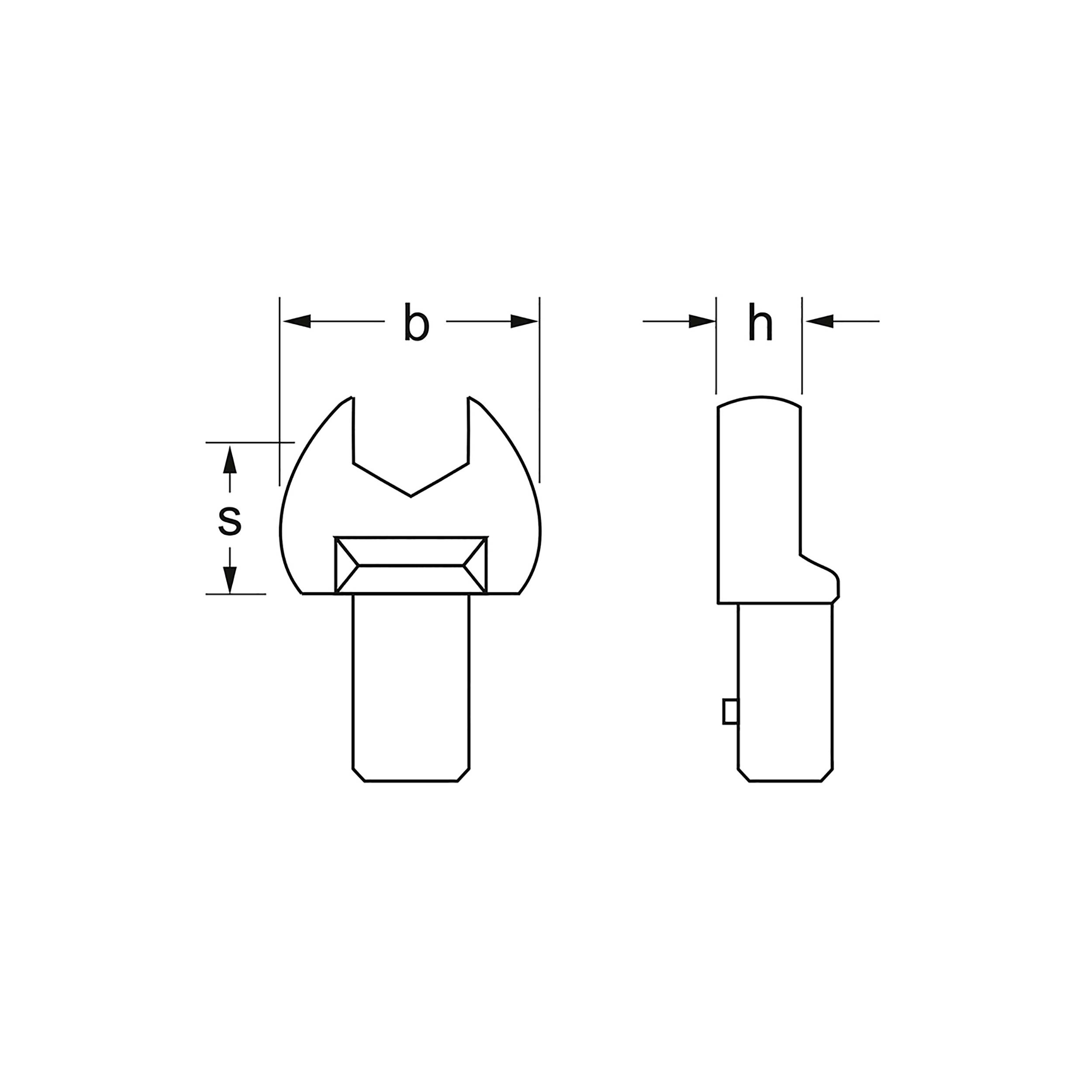 Dessin technique d'une clé à molette représentée en deux vues : de face et de côté. Les dimensions 'b', 'h' et 's' sont indiquées.