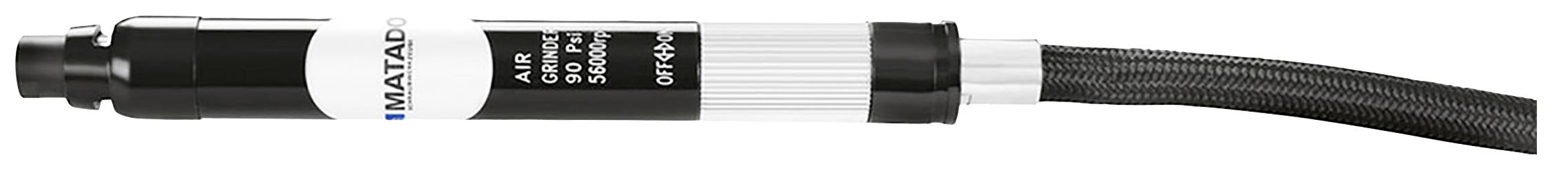 Petit meuleuse d'angle pneumatique noir mat avec tuyau flexible ; adapté aux travaux de meulage dans des espaces restreints.