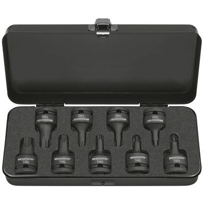Un ensemble de douilles à embouts dans un coffret noir ouvert, comprenant huit tailles et formes différentes.