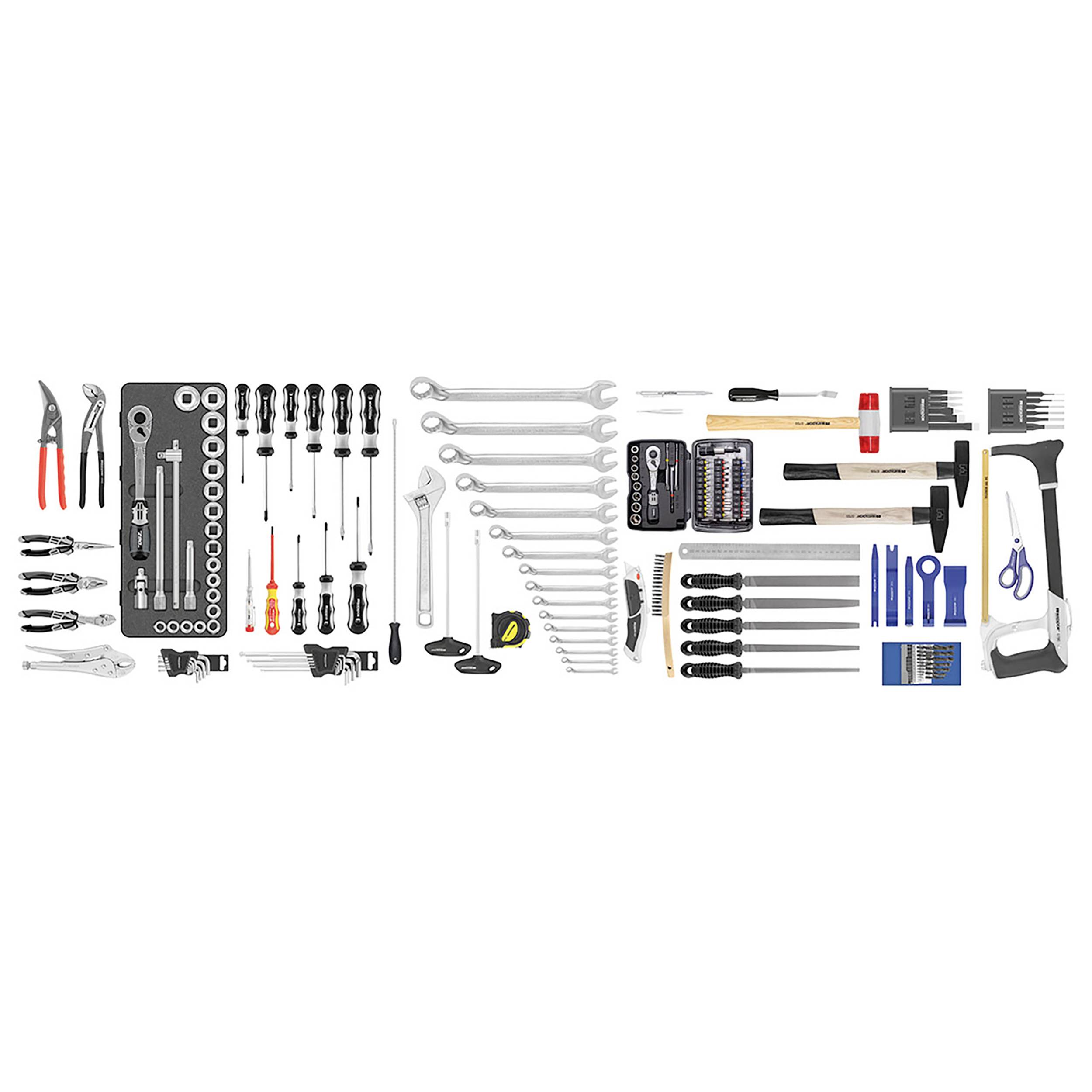 Un ensemble complet d'outils comprenant des tournevis, des pinces, des clés, un marteau et d'autres outils manuels, sur un fond blanc.