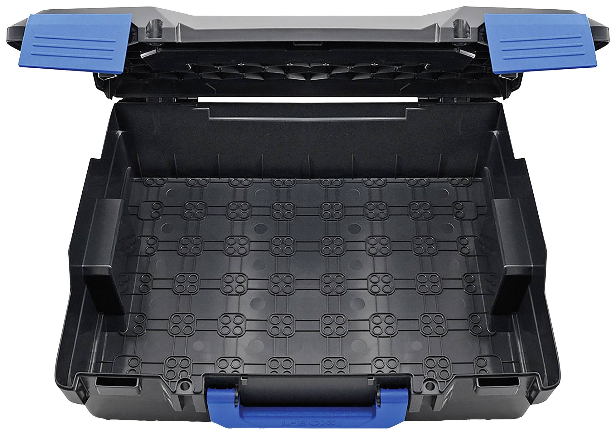 Mallette à outils en plastique noir avec poignée bleue et fermetures bleues, ouverte et vide.