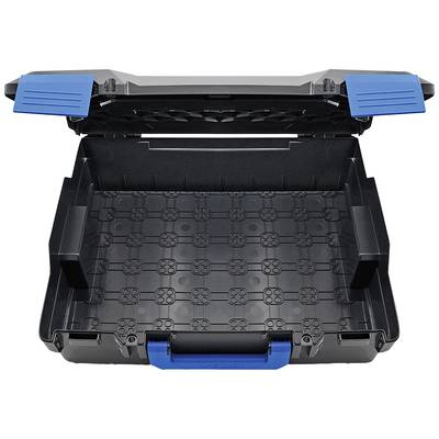 Mallette à outils en plastique noir avec poignée bleue et fermetures bleues, ouverte et vide.