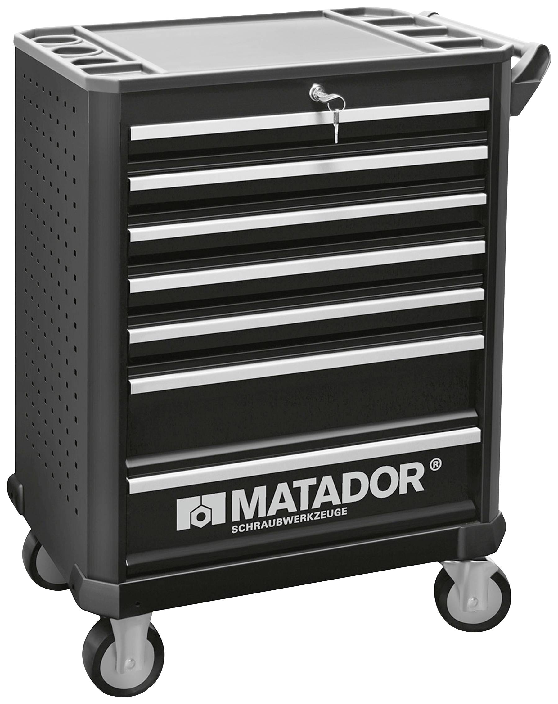 Chariot d'atelier Matador avec sept tiroirs, verrouillable, monté sur quatre roulettes pour une mobilité facile, adapté au rangement des outils.