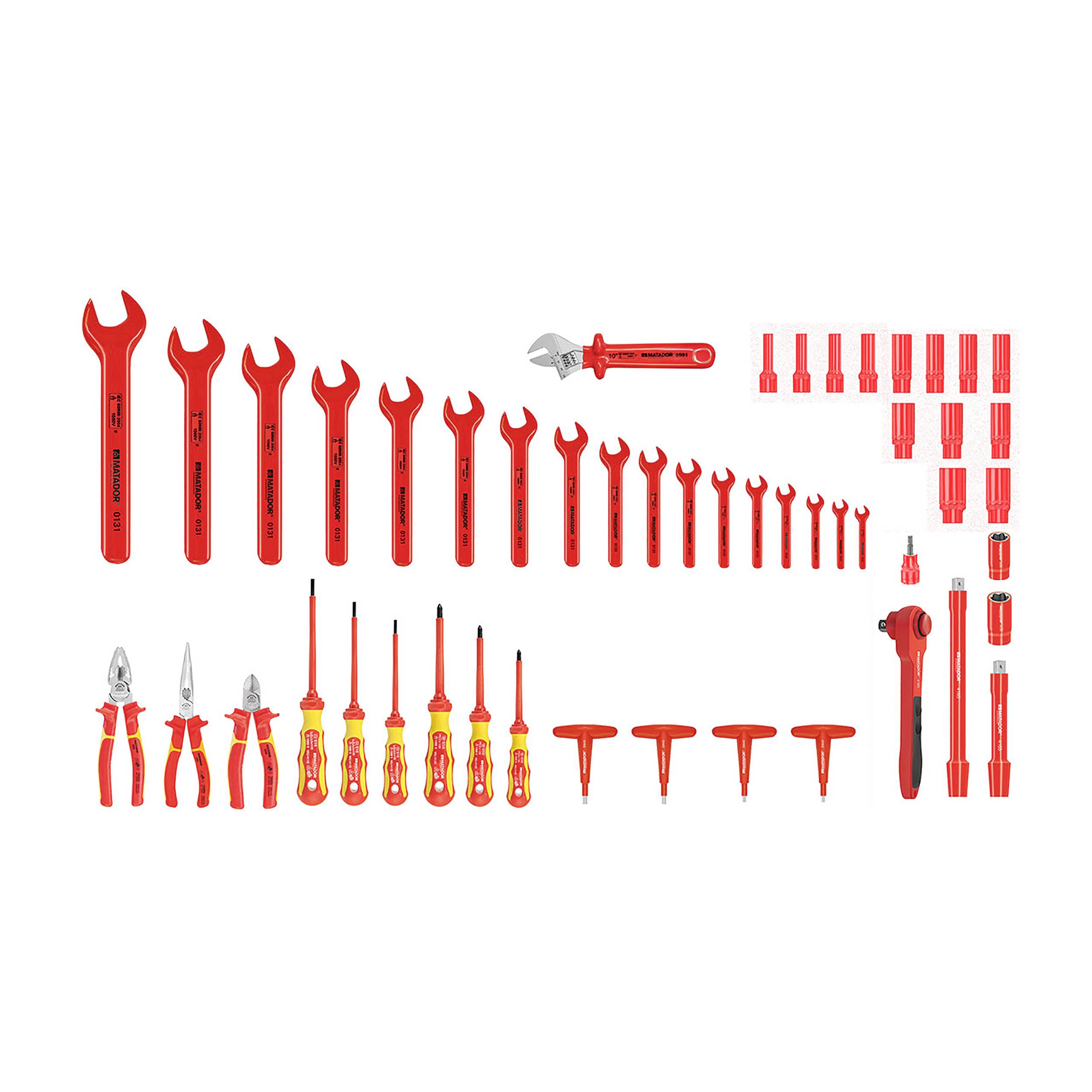 Un ensemble d'outils à main isolés, comprenant des clés, des tournevis et des pinces, principalement de couleur rouge.