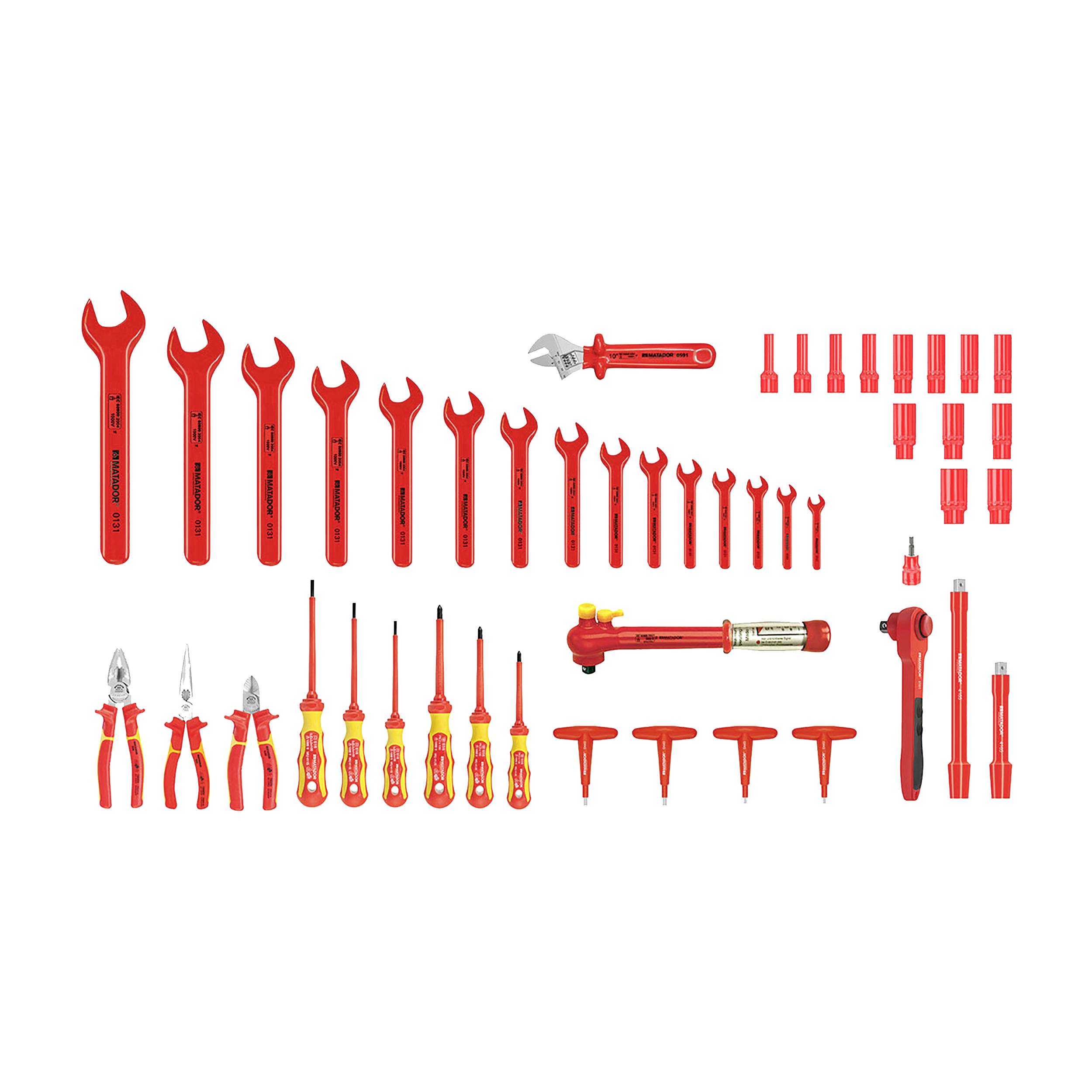 Un ensemble d'outils isolés en rouge, comprenant des clés, des pinces, des tournevis et d'autres outils manuels, disposés en rangées.