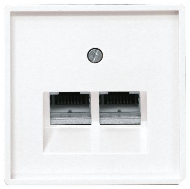 Deux prises réseau blanches encastrées dans un boîtier mural, adaptées aux connexions Ethernet pour l'internet à la maison ou au bureau.