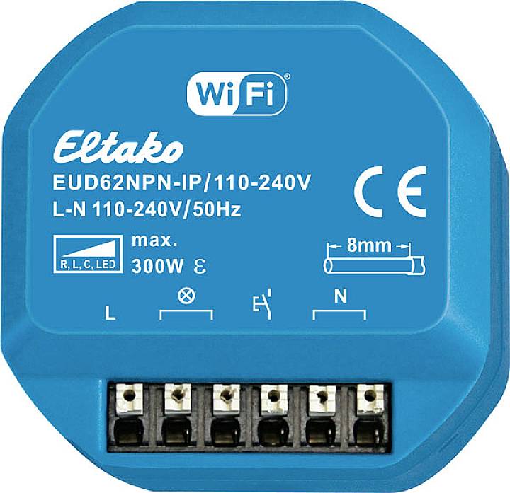 Interrupteur électrique bleu Eltako avec fonction WiFi, modèle EUD62NPN-IP/110-240V, adapté pour 110-240V/50Hz et max. 300W.