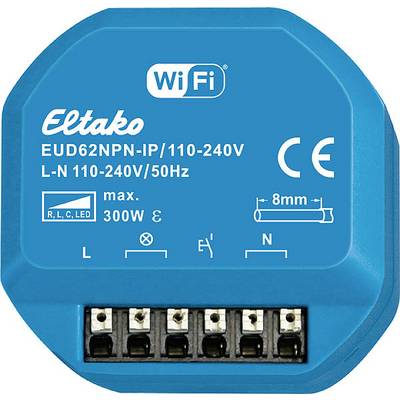 Interrupteur électrique bleu Eltako avec fonction WiFi, modèle EUD62NPN-IP/110-240V, adapté pour 110-240V/50Hz et max. 300W.