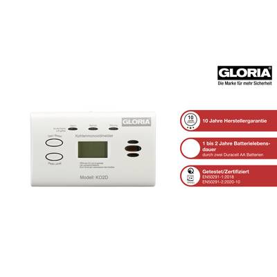 Détecteur de monoxyde de carbone modèle KO2D de Gloria avec affichage numérique. À gauche : garantie, durée de vie de la batterie et certifications mis en évidence.