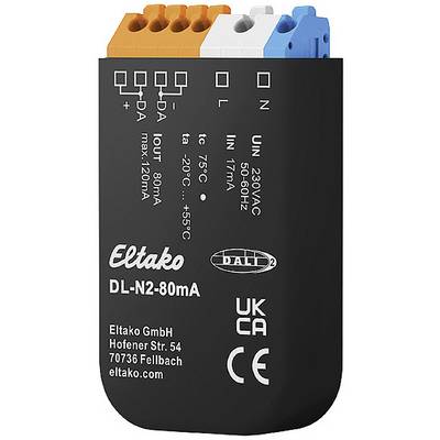 Un appareil électronique noir de Eltako avec des spécifications techniques et des bornes de connexion en haut. Numéro de modèle : DL-N2-80mA.