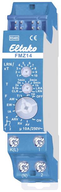 Module Eltako FMZ14 bleu avec touche LRN, boutons rotatifs pour réglages et connexions. Marquage '10A/250V~'.