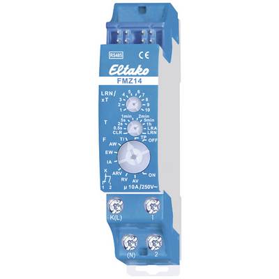 Module Eltako FMZ14 bleu avec touche LRN, boutons rotatifs pour réglages et connexions. Marquage '10A/250V~'.