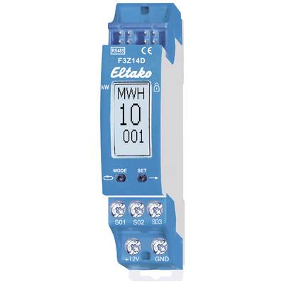 Appareil de mesure bleu avec écran, affichant 'MWH 10 001', doté de connexions en bas. Étiqueté 'Eltako' avec le numéro de modèle 'F3Z14D'.
